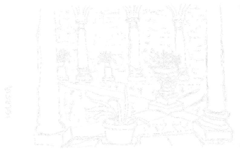 Ink sketch of a cloister courtyard — stone columns and potted plants